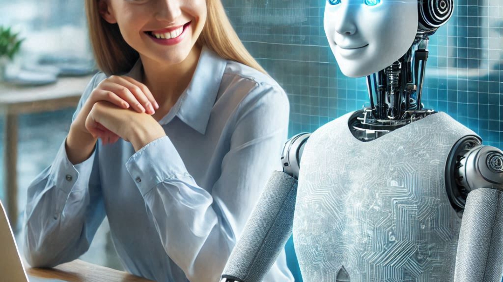 an artificial intelligence and a woman sitting at an office desk in front of an laptop near coffee and with the woman smiling