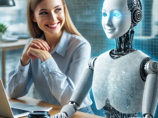 an artificial intelligence and a woman sitting at an office desk in front of an laptop near coffee and with the woman smiling